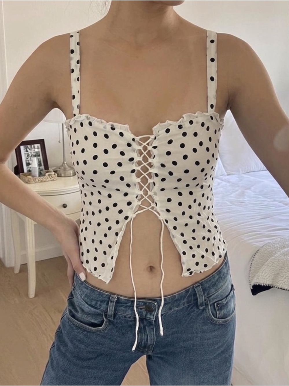 Zara White Polka Dot Lace-Up Crop Camisole